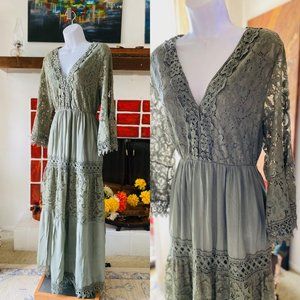 Organic Baumwolle Cotton Lace Ibiza Ankle Maxi Bohemian Dress NWT